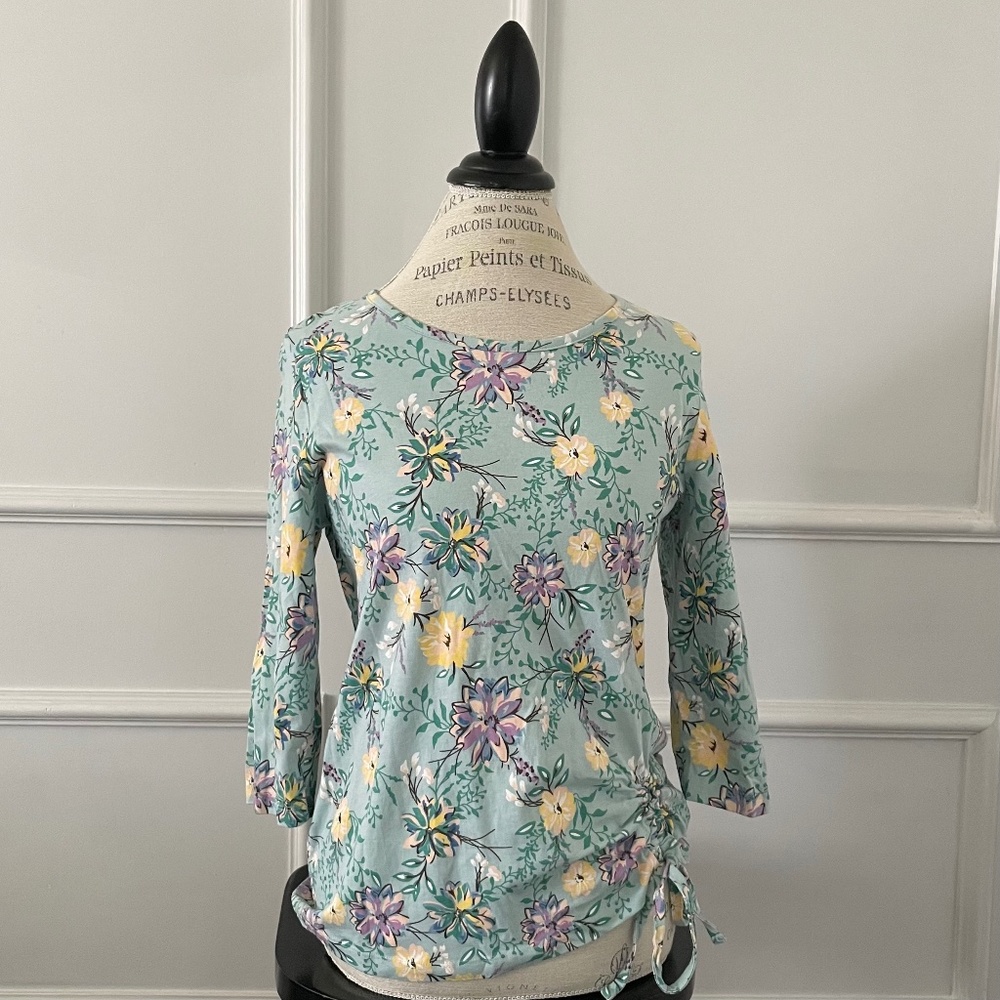 Floral top green with yellow peach & lavender purple flowers side tie 3/4 sleeve